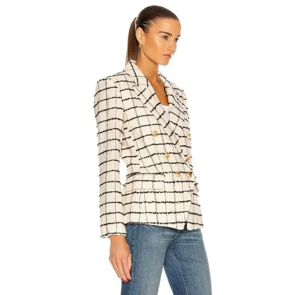 NWT L'AGENCE Kenzie White Check Boucle Tweed Double Breasted Blazer - Picture 3 of 13